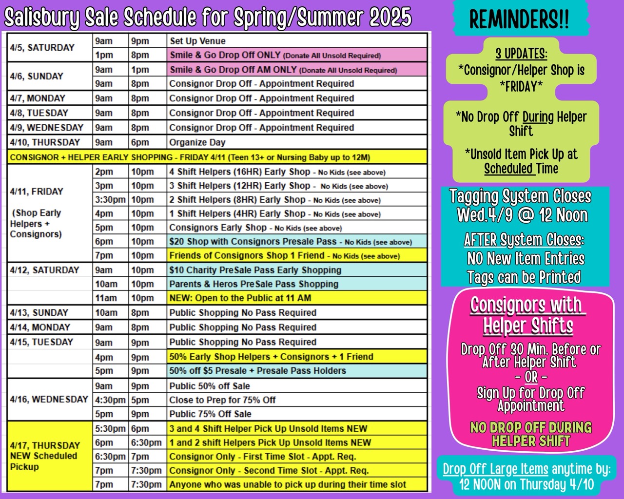 Consignor + Helper Schedule BOTH Spring 2025 - Salisbury Spring 2025