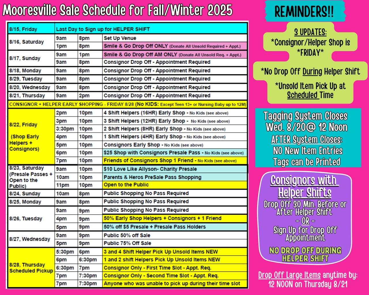 Consignor + Helper Schedule BOTH Fall 2025 - Mooresville Fall 2025